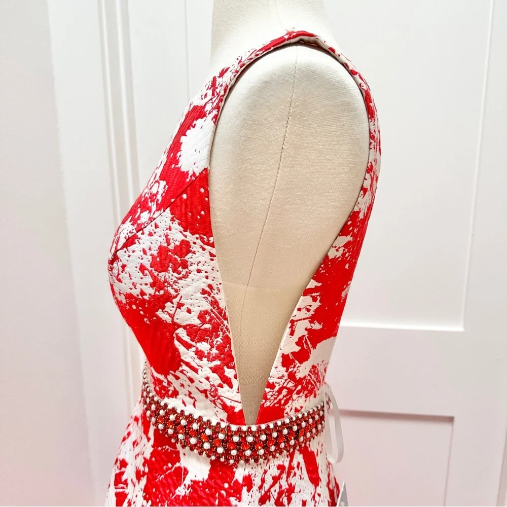 JOVANI Red and White Print Backless A-Line Evening Gown - Picture 10 of 16